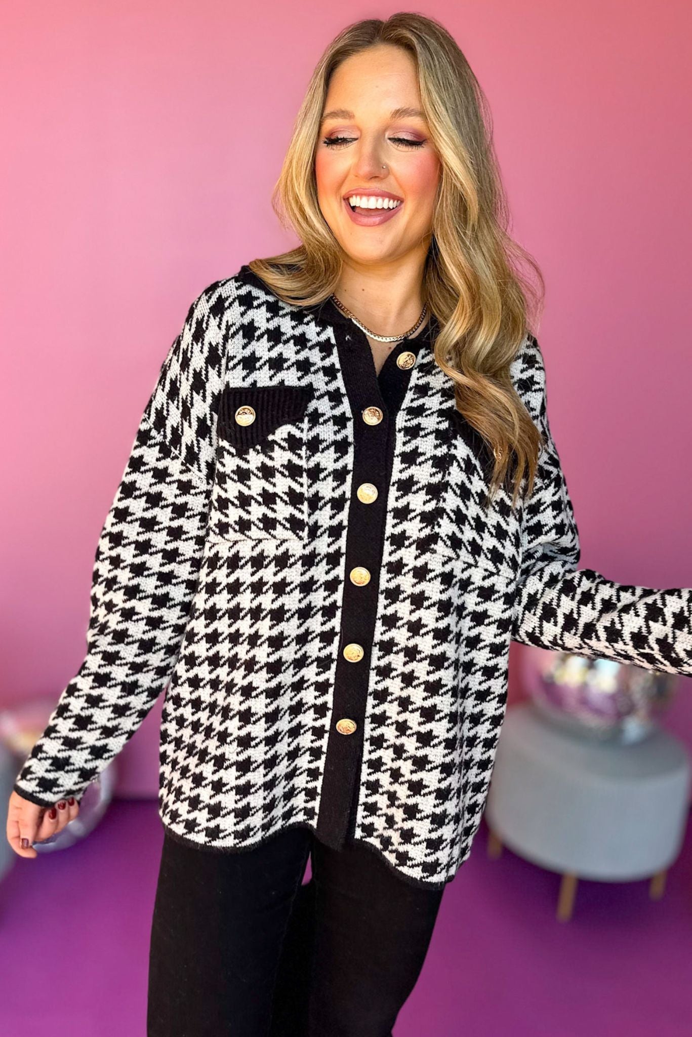 Black Houndstooth Collared Button Front Jacket, must have sweater, must have style, winter style, winter fashion, elevated style, elevated dress, mom style, winter collection, winter sweater, shop style your senses by mallory fitzsimmons