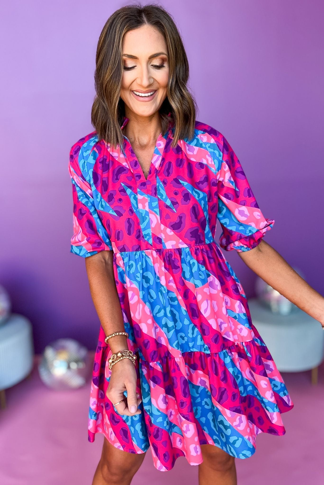 SSYS The Mix Print Tatum Dress In Camo Animal, ssys the label, ssys dress, printed dress, elevated dress, church dress, work dress, brunch dress, mix print dress, mom style, bright style, spring style, shop style your senses by Mallory Fitzsimmons, ssys by Mallory Fitzsimmons Edit alt text
