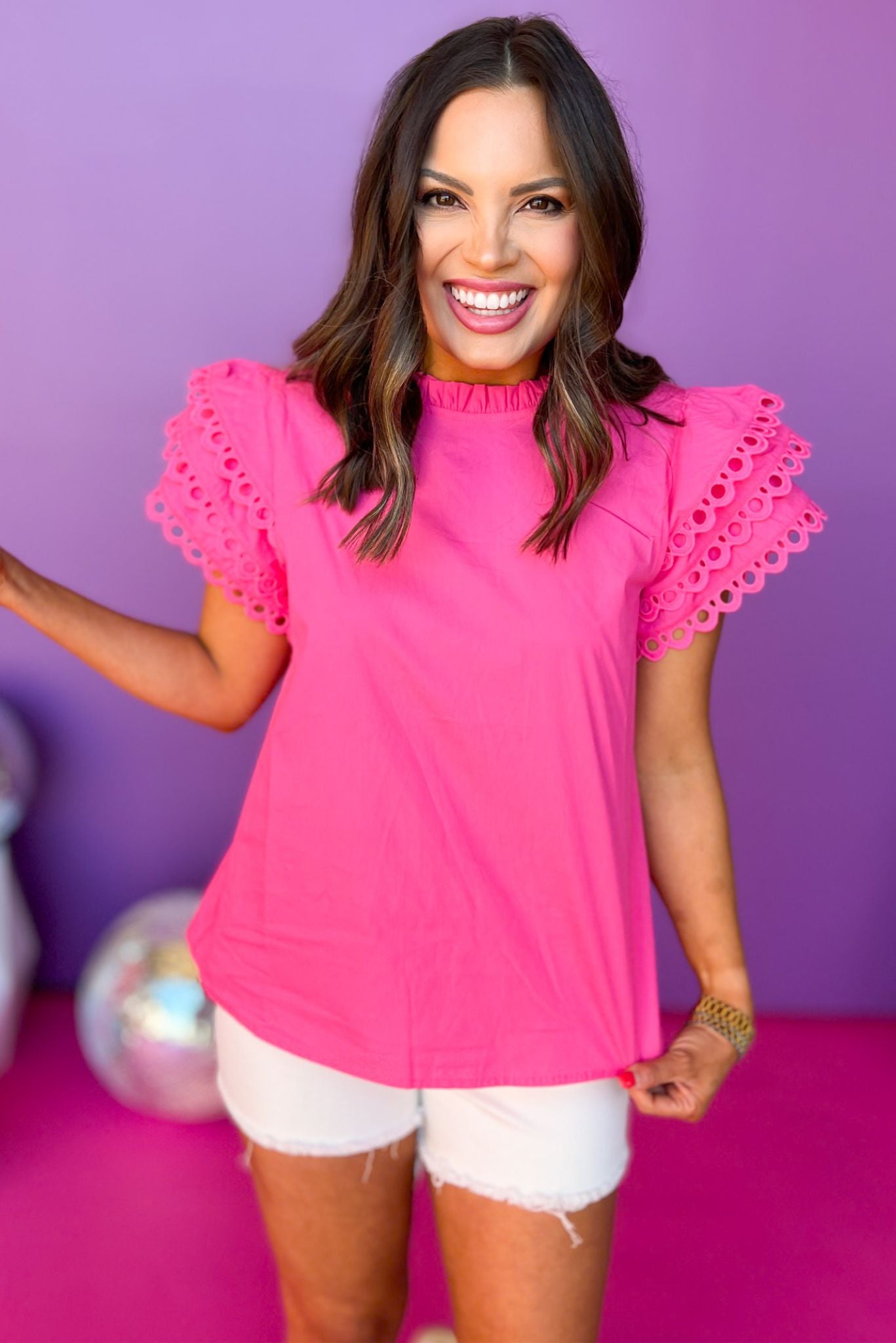 Pink Eyelet Detail Frill Neck Layered Ruffled Cap Sleeve Top, eyelet top, must have top, must have style, summer style, spring fashion, elevated style, elevated top, mom style, shop style your senses by mallory fitzsimmons, ssys by mallory fitzsimmons Edit alt text
