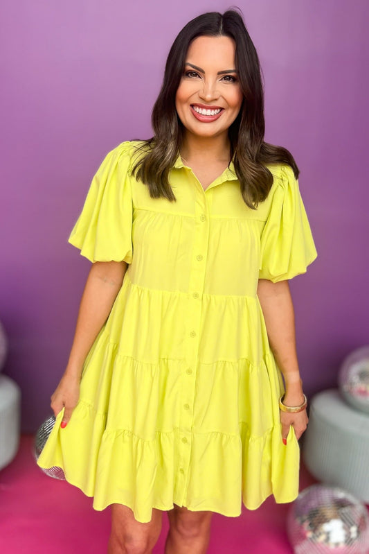 Lime Green Button Front Collared Short Puff Sleeve Dress, tiered dress, neon dress, must have dress, must have style, weekend style, spring fashion, elevated style, elevated style, mom style, shop style your senses by mallory fitzsimmons, ssys by mallory fitzsimmons