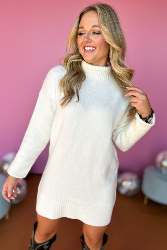 Cream High Ribbed Neck Sweater Dress, must have dress, must have style, fall style, fall fashion, elevated style, elevated dress, mom style, fall collection, fall dress, shop style your senses by mallory fitzsimmons