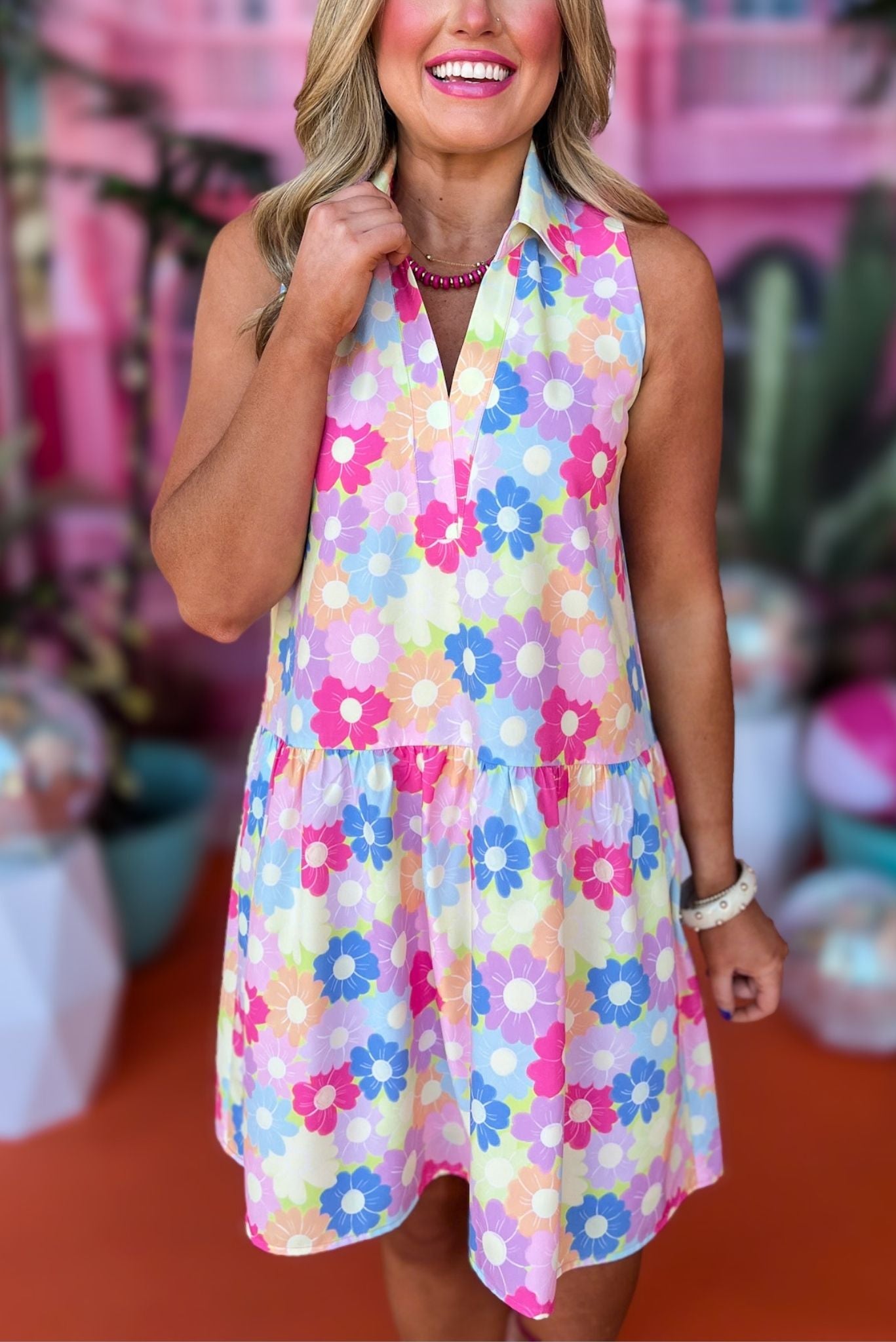 SSYS The Kendall Sleeveless Collared Dress In Pastel Floral, ssys the label, spring break dress, spring break style, spring fashion affordable fashion, elevated style, bright style, printed dress, mom style, shop style your senses by mallory fitzsimmons, ssys by mallory fitzsimmons