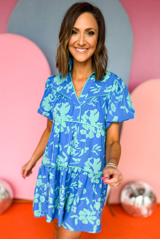 Blue Two Tone Floral Printed Collared Tiered Short Bubble Sleeve Dress, floral dress, printed dress, must have dress, must have style, church style, spring fashion, elevated style, elevated dress, mom style, work dress, shop style your senses by mallory fitzsimmons, ssys by mallory fitzsimmons