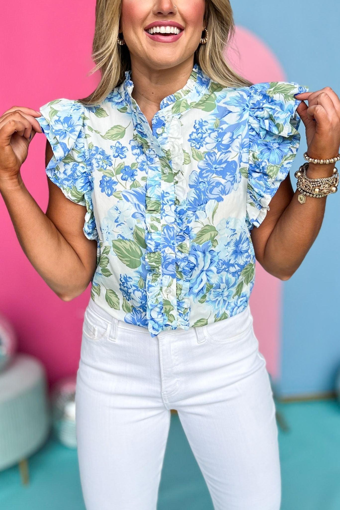 Blue Double Ruffle Sleeveless Frill Neck Button Down Top, floral top, ruffle sleeve top, must have top, must have style, brunch style, summer style, spring fashion, elevated style, elevated top, mom style, shop style your senses by mallory fitzsimmons, ssys by mallory fitzsimmons