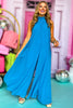 Blue Halter Neck Tie Back Sleeveless Wide Leg Jumpsuit, must have jumpsuit, elevated jumpsuit, vacation style, summer style, spring style, mom style, summer fashion, spring fashion, shop style your senses by Mallory Fitzsimmons, ssys by Mallory Fitzsimmons