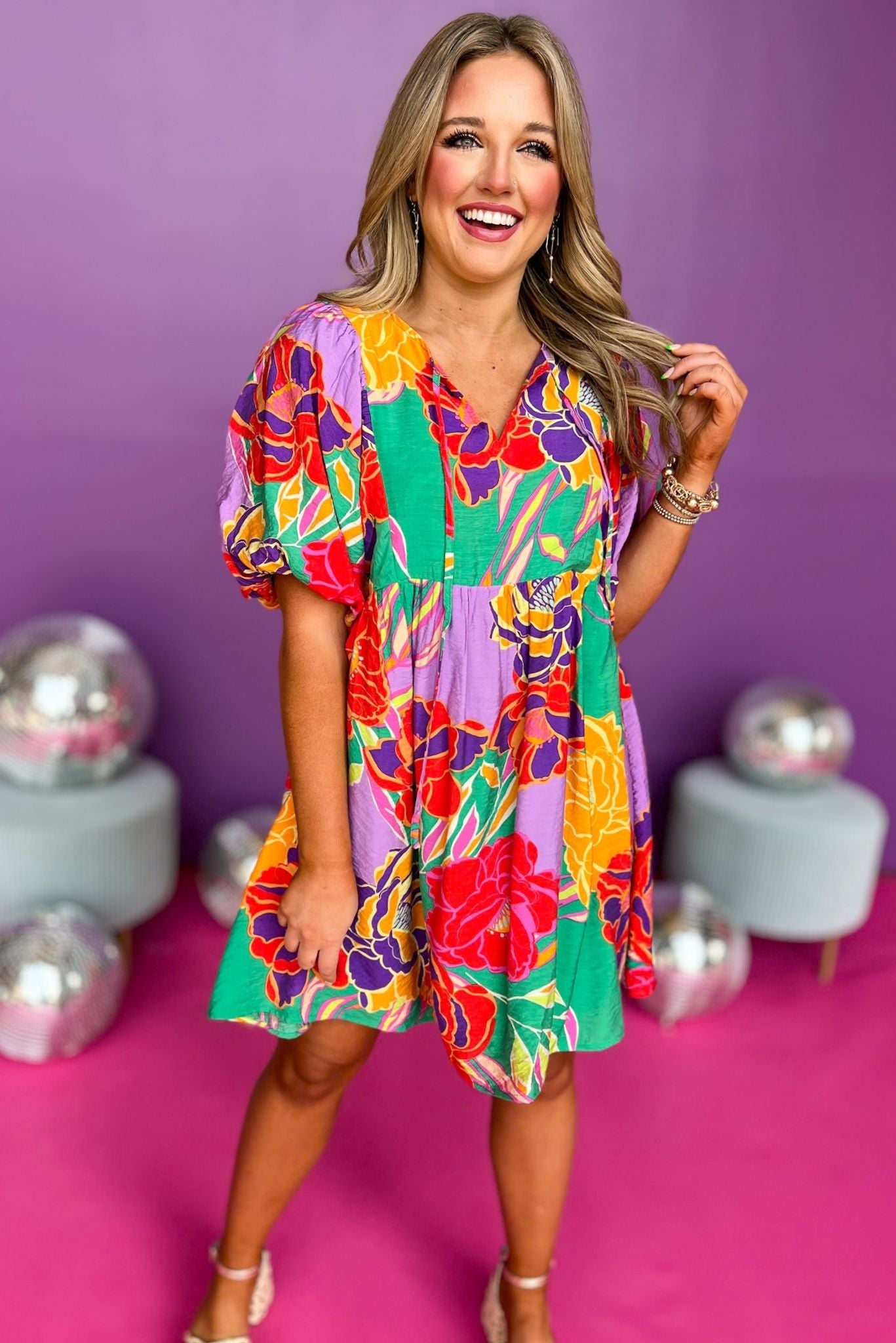Green Multi Floral Tie Neck Half Balloon Sleeve Dress, floral dress, must have dress, must have style, weekend style, spring fashion, elevated style, elevated style, mom style, shop style your senses by mallory fitzsimmons, ssys by mallory fitzsimmons Edit alt text