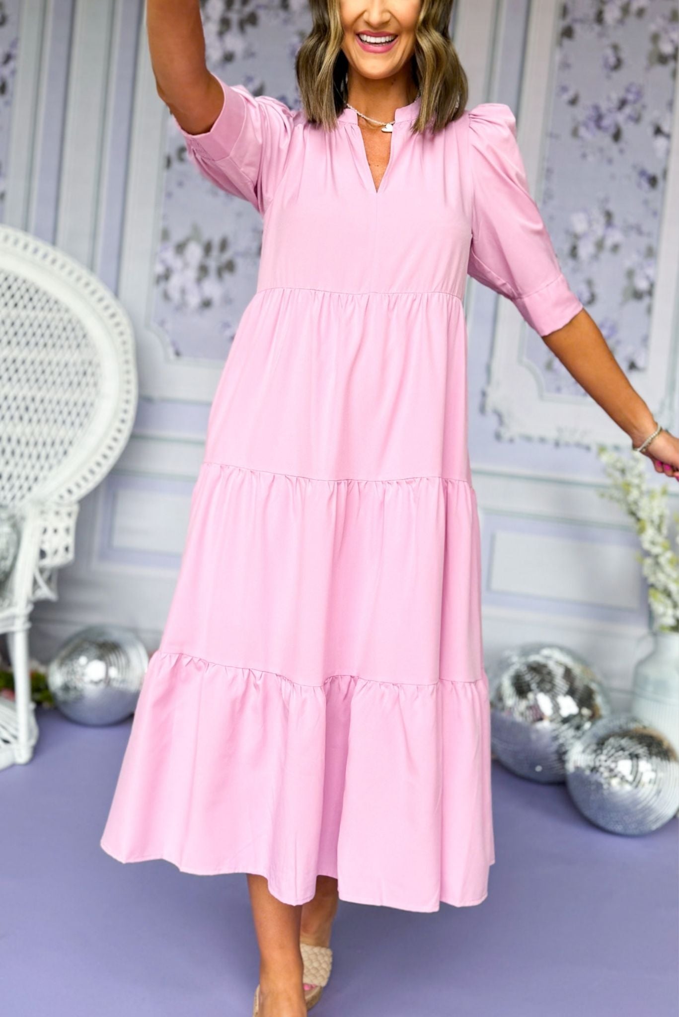 Pink Split Neck Three Quarter Sleeve Tiered Midi Dress, spring dress, elevated dress, must have dress, mothers day dress, special occasion dress, spring style, summer style, church dress, mom style, shop style your senses by Mallory Fitzsimmons, ssys by Mallory Fitzsimmons Edit alt text