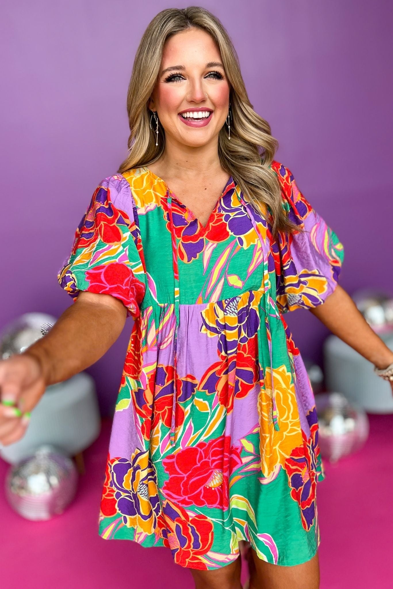 Green Multi Floral Tie Neck Half Balloon Sleeve Dress, floral dress, must have dress, must have style, weekend style, spring fashion, elevated style, elevated style, mom style, shop style your senses by mallory fitzsimmons, ssys by mallory fitzsimmons Edit alt text