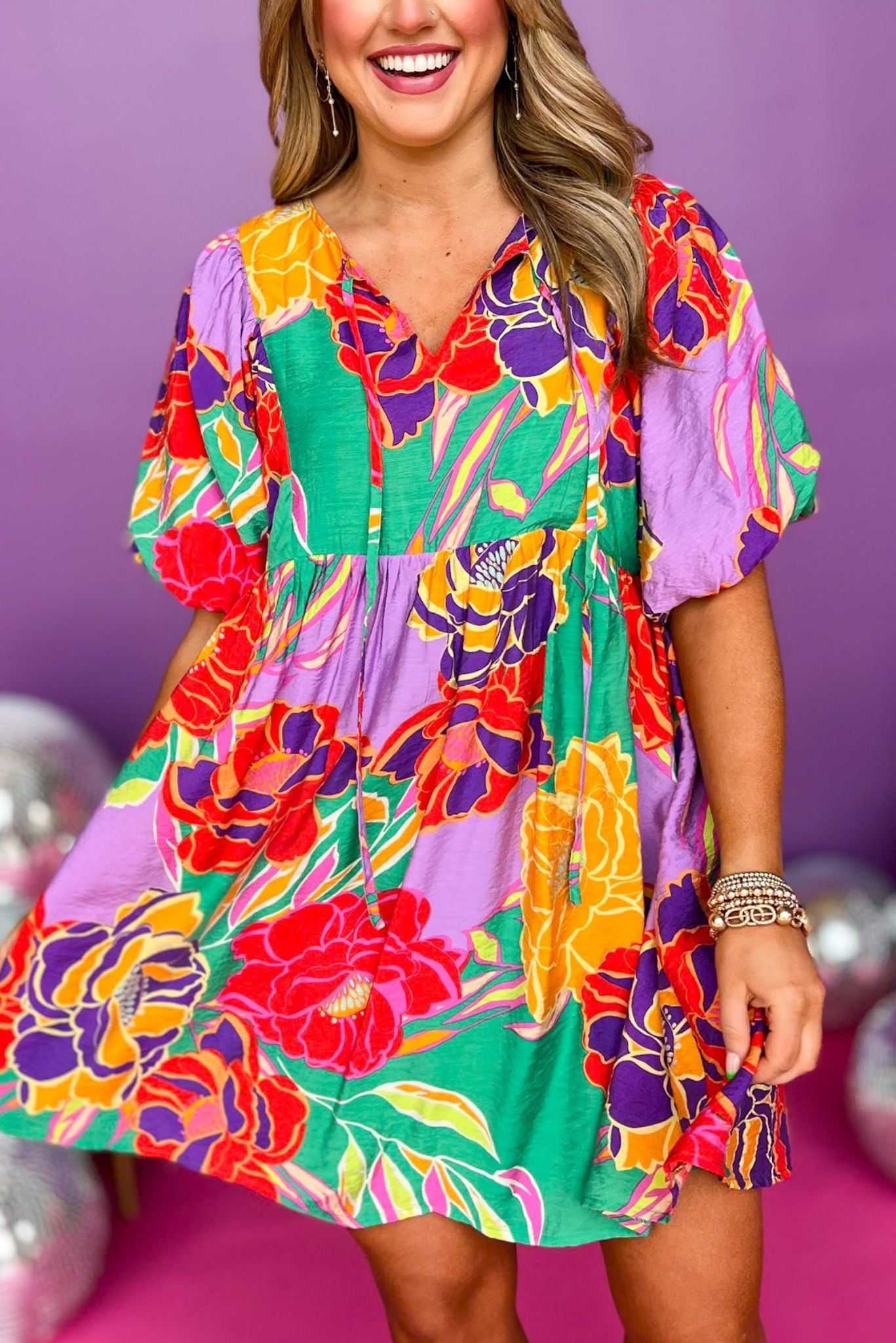 Green Multi Floral Tie Neck Half Balloon Sleeve Dress, floral dress, must have dress, must have style, weekend style, spring fashion, elevated style, elevated style, mom style, shop style your senses by mallory fitzsimmons, ssys by mallory fitzsimmons Edit alt text