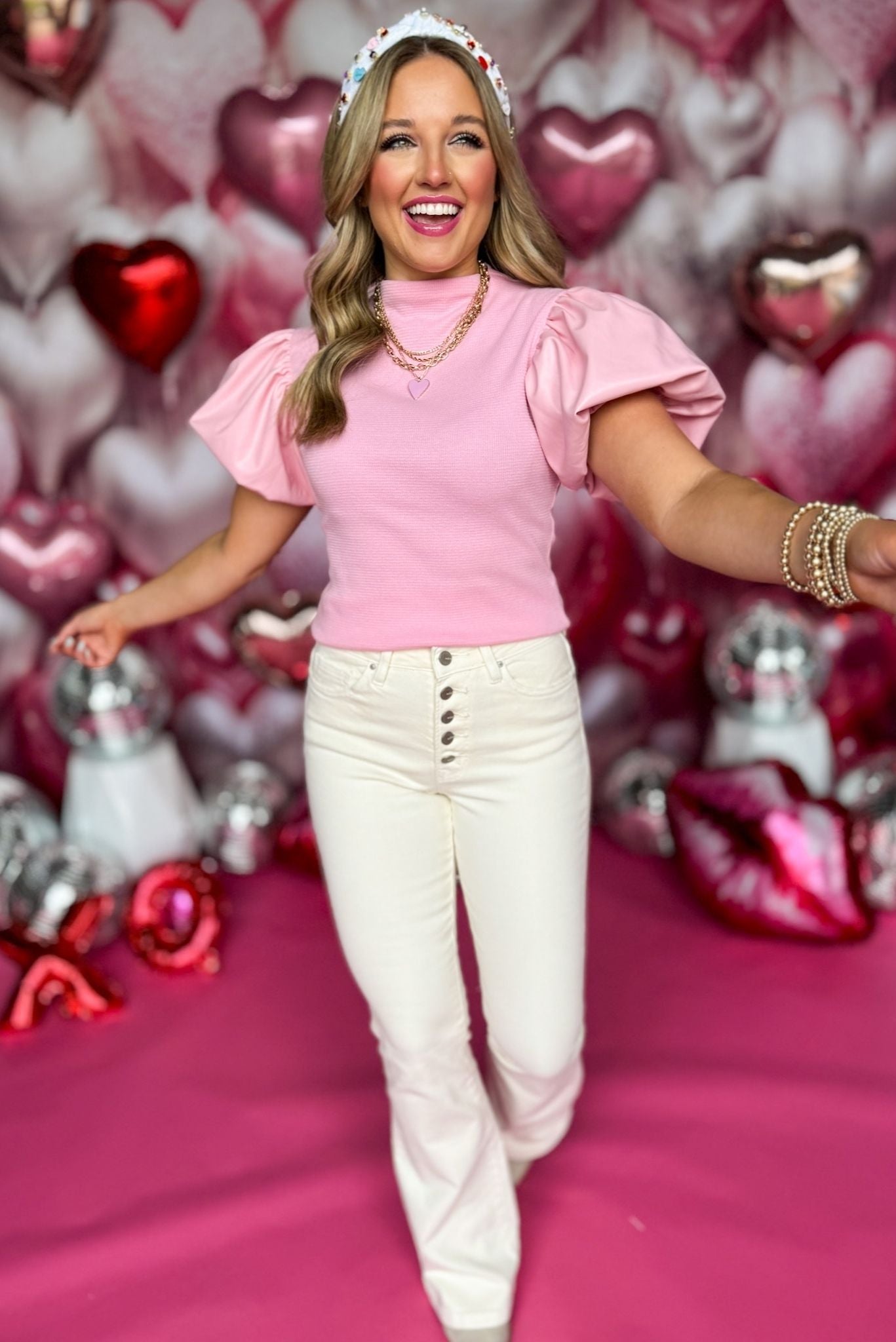 Baby Pink Waffle Knit Mock Neck Faux Leather Puff Short Sleeve Top, must have top, must have style, valentines style, spring fashion, elevated style, elevated top, mom style, date night top, shop style your senses by mallory fitzsimmons
