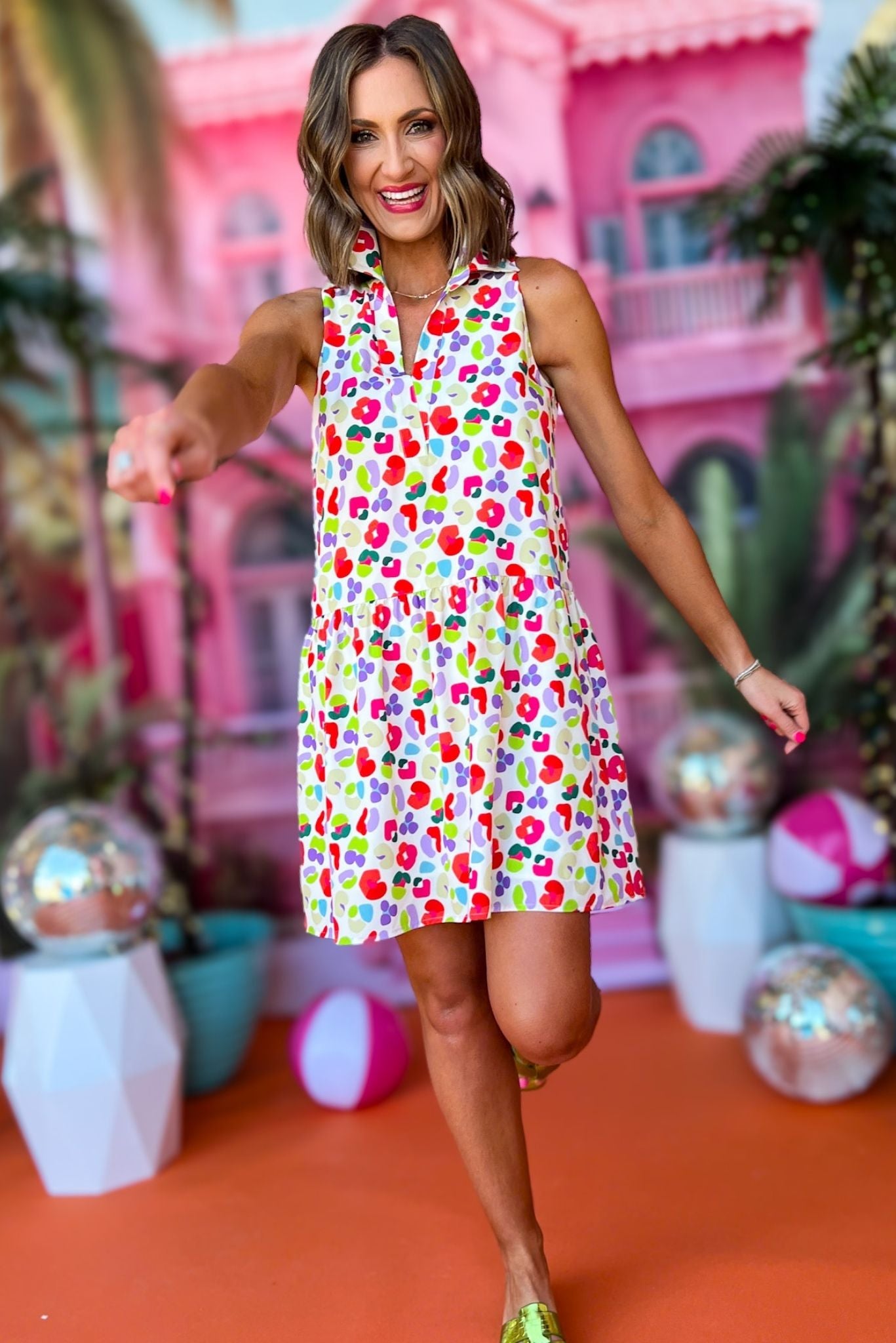 SSYS The Kendall Sleeveless Collared Dress In Animal, ssys the label, spring break dress, spring break style, spring fashion affordable fashion, elevated style, bright style, printed dress, mom style, shop style your senses by mallory fitzsimmons, ssys by mallory fitzsimmons