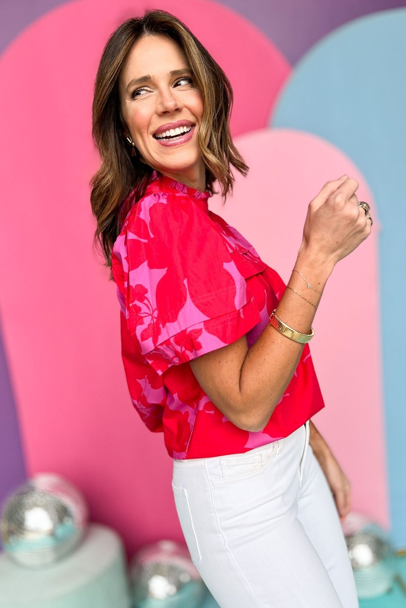 Fuchsia Abstract Printed Mock Neck Short Sleeve Top, pink and red top, must have top, must have style, brunch style, summer style, spring fashion, elevated style, elevated top, mom style, shop style your senses by mallory fitzsimmons, ssys by mallory fitzsimmons