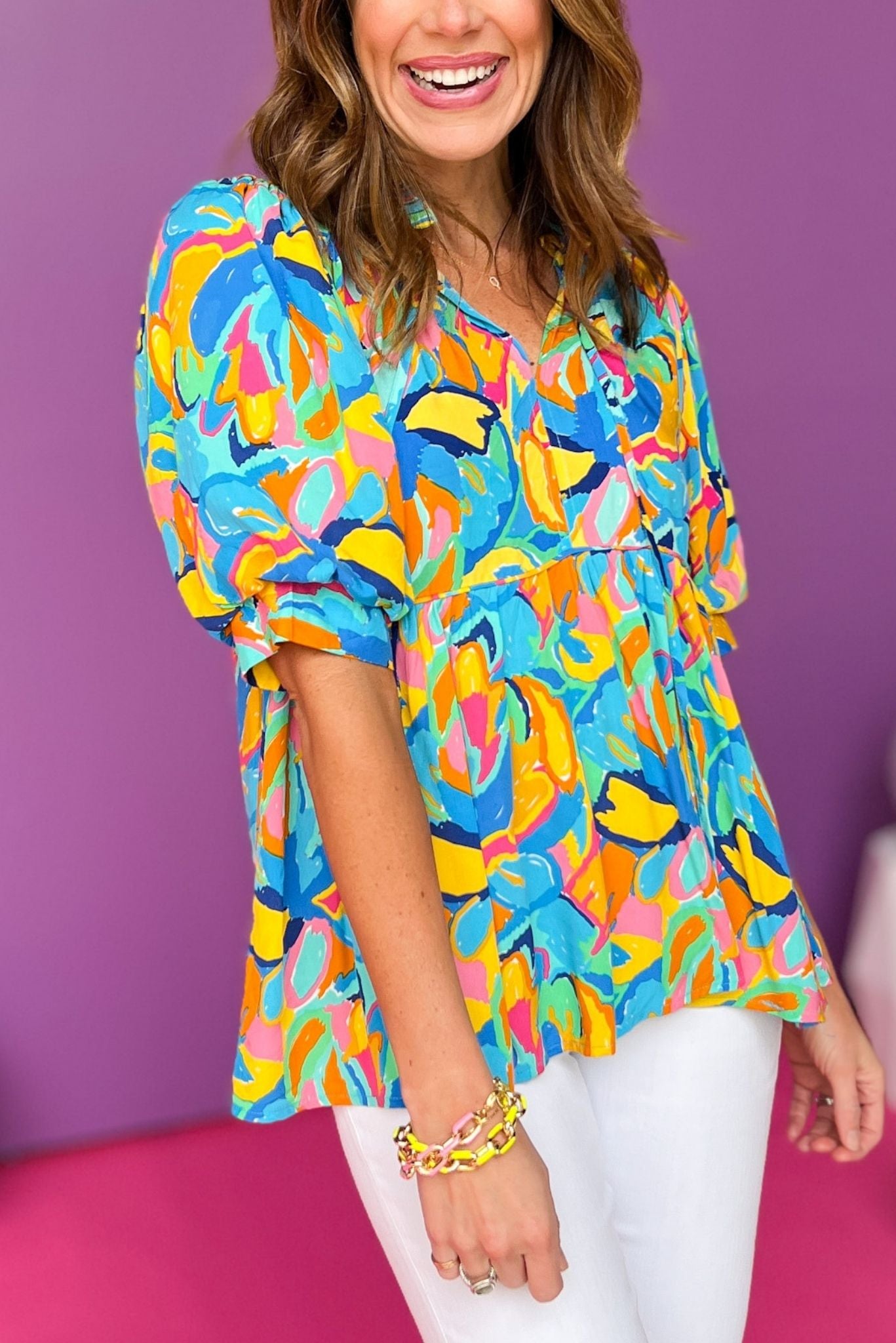 Blue Multi Print Frill V Neck Puff Sleeve Top, printed top, must have top, must have style, summer style, spring fashion, elevated style, elevated top, mom style, shop style your senses by mallory fitzsimmons, ssys by mallory fitzsimmons  Edit alt text