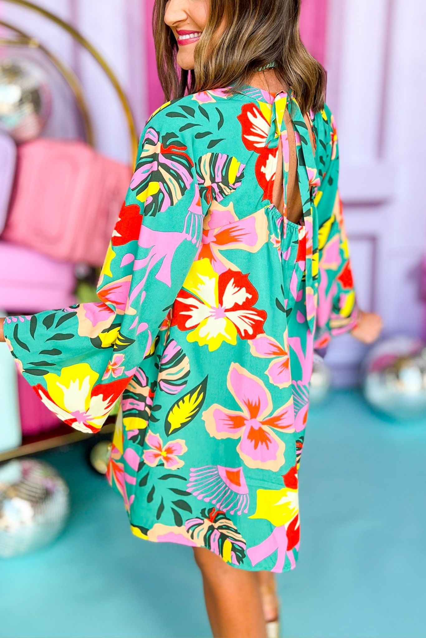 Teal Multi Floral Back Ribbon Tie Closure Raglan Sleeve Dress, Printed dress, must have dress, elevated dress, vacation style, summer style, spring style, mom style, summer fashion, spring fashion, shop style your senses by Mallory Fitzsimmons, ssys by Mallory Fitzsimmons  Edit alt text