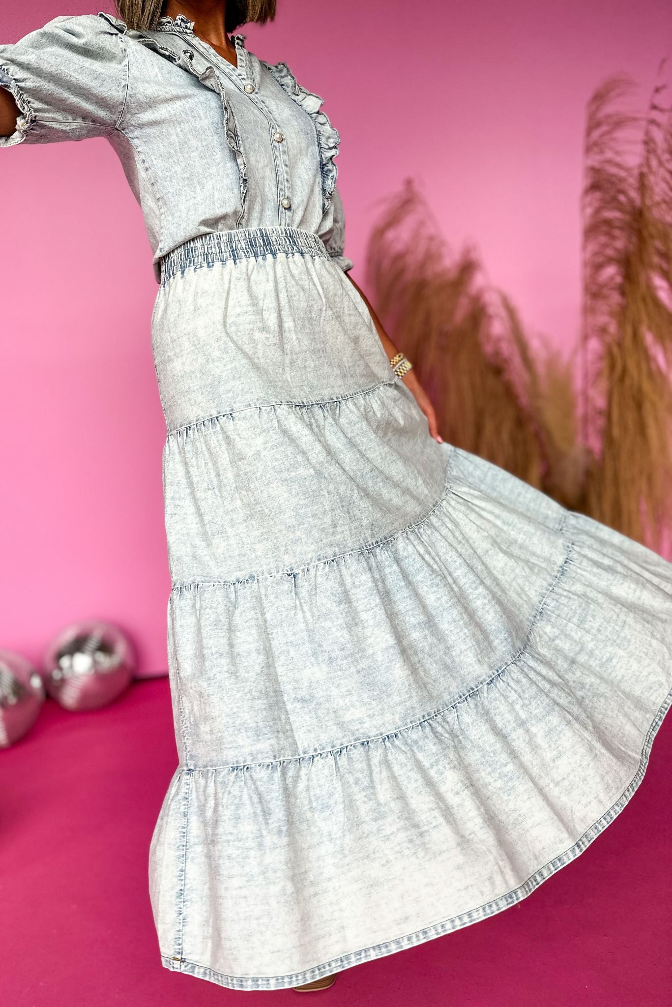 SSYS Acid Wash Chambray Tiered Maxi Skirt, elevated style, mom style, SSYS, maxi skirt, shop style your senses by mallory fitzsimmons