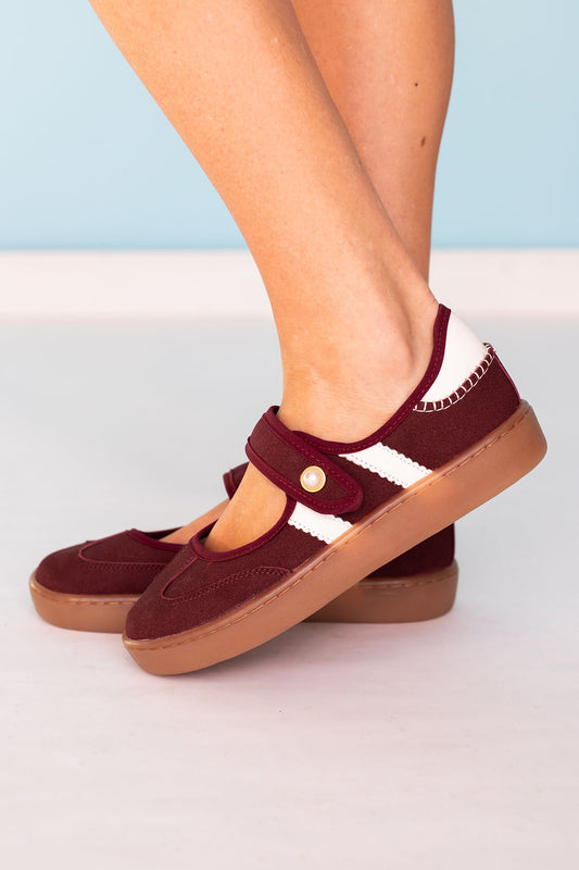 Burgundy Retro Stripe Sneaker Mary Jane Flats