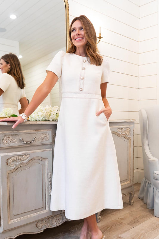 SSYS Susanna Ivory Tweed Midi Dress with Pearl Buttons