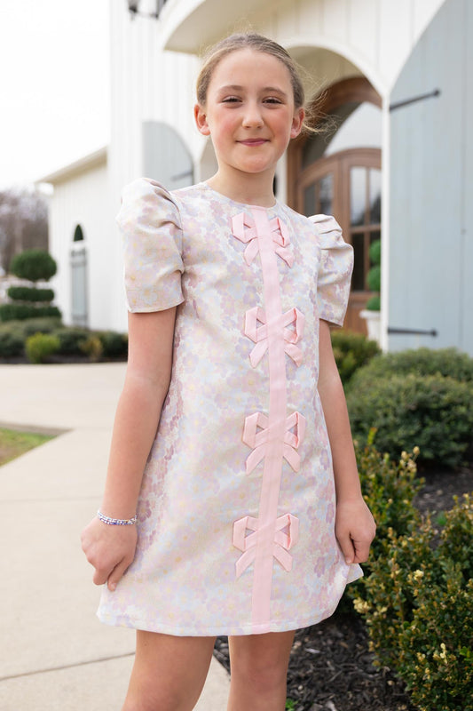 SSYS Kids Everly Satin Bow Trim Puff Sleeve Shift Dress In Pink Brocade