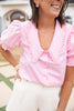 SSYS Gemma Peter Pan Pearl Trim Collar Short Sleeve Poplin Top In Pink