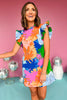 Blue Multi Floral Frill Neck Smocked Ruffle Sleeve Dress