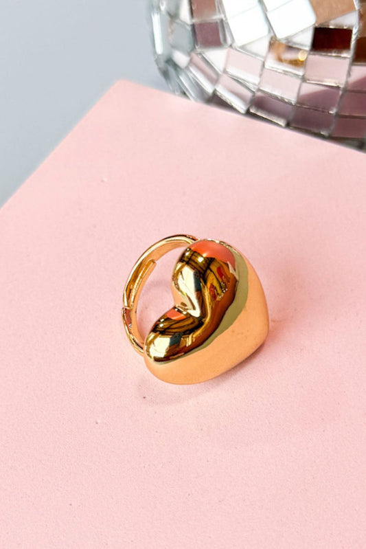 Gold 18k Plated Solid Heart Adjustable Ring, accessory, ring, statement accessory, statement ring, gold accessory, gold ring, solid heart ring, gold solid heart ring, adjustable ring, gold adjustable ring, must have accessory, must have ring, elevated accessory, elevated ring, elevated style, elevated styling, Shop Style Your Senses by Mallory Fitzsimmons, SSYS by Mallory Fitzsimmons