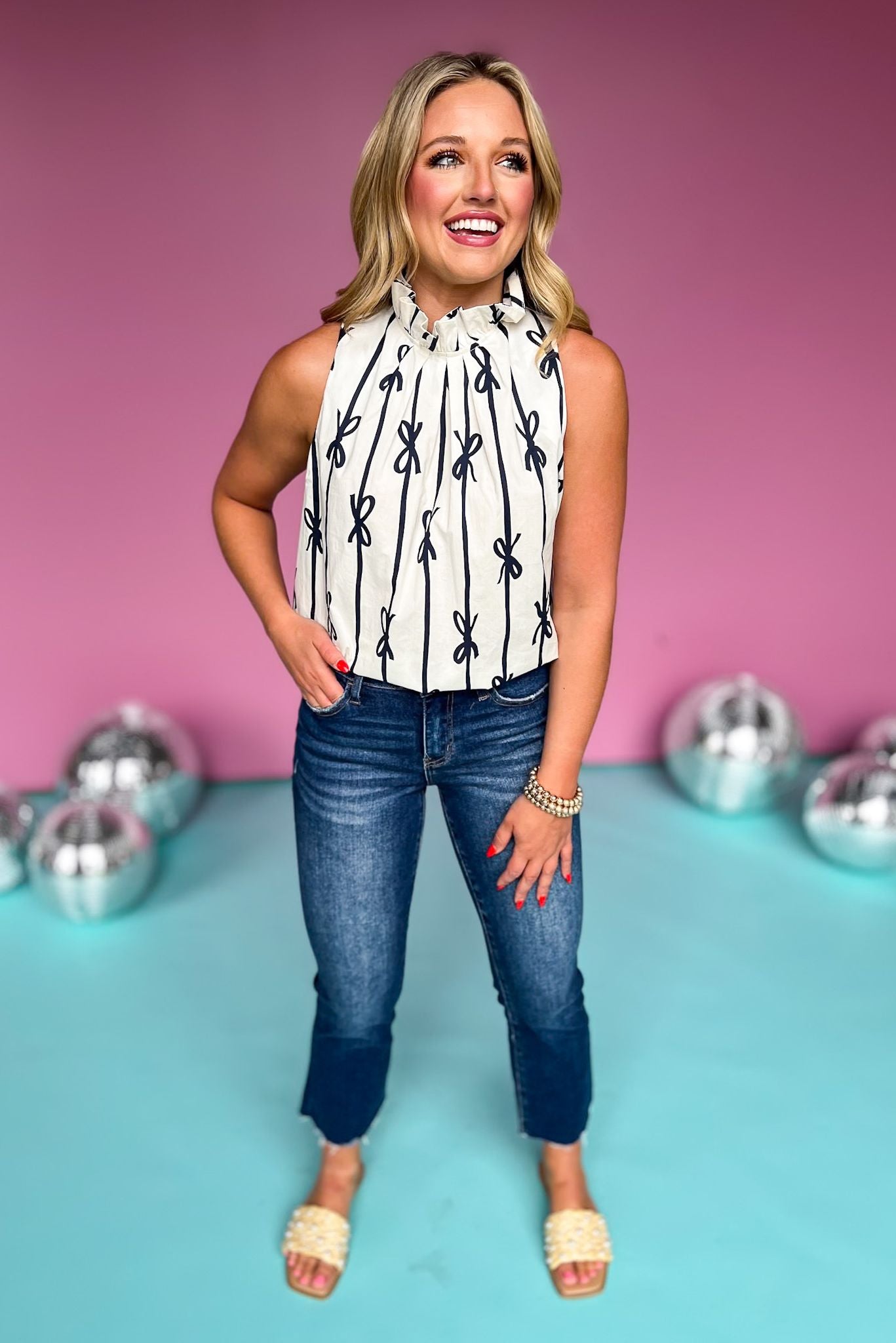 Off White Bow Print Mock Neck Sleeveless Top, top, sleeveless top, mock neck top, bow print top, black and white top, off white top, must have top, elevated top, elevated style, summer top, summer style, Shop Style Your Senses by Mallory Fitzsimmons, SSYS by Mallory Fitzsimmons