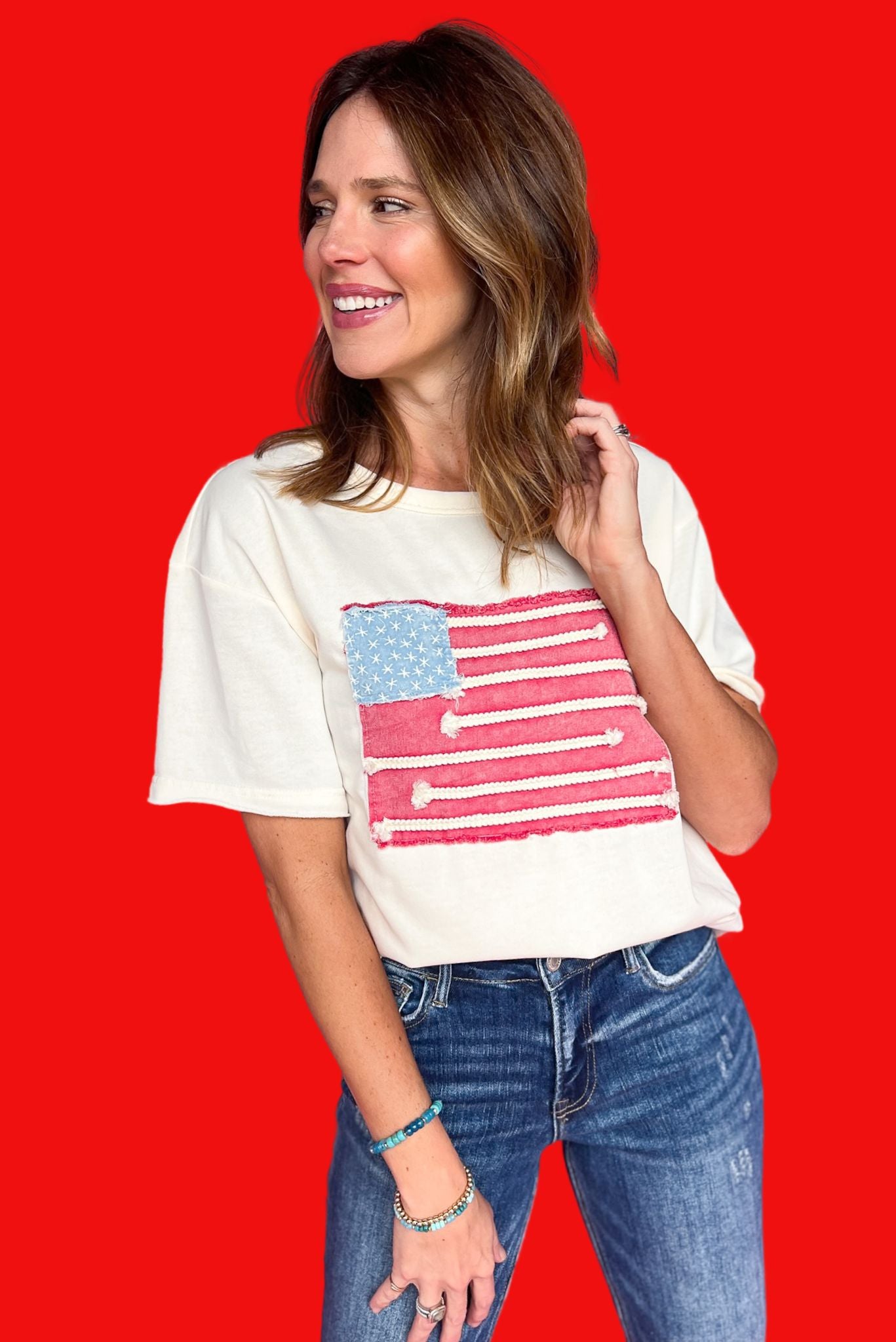 Ivory Drop Shoulder Natural Hem Short Sleeve American Flag Top, t-shirt, must have tee, elevated tee, Fourth of July style, must have style, patriotic style, summer style, summer top, ssys by MALLORY FITZSIMMONS