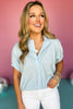 Light Blue Poplin Collared Short Sleeve Elastic Band Top, poplin top, must have top, basic top, elevated basics, must have basic, elevated top, mom style, warm fashion, shop style your senses by mallory fitzsimmons, ssys by Mallory Fitzsimmons