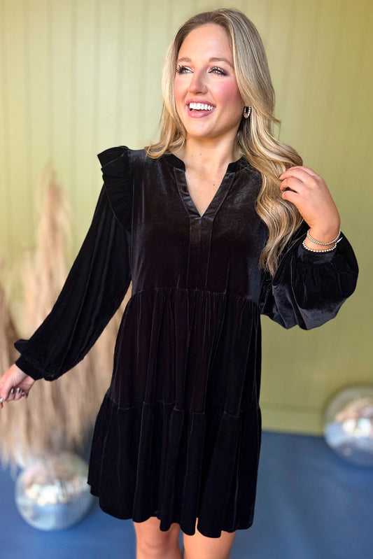  Black Velvet Tiered Ruffled Shoulder Long Sleeve Dress *FINAL SALE* *Final Sale*, must have dress, must have style, fall style, fall fashion, elevated style, elevated dress, mom style, fall collection, fall dress, shop style your senses by mallory fitzsimmons