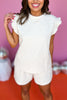 SSYS The Charlie Bow Quilted Ruffle Shoulder Shorts Set In Ivory *FINAL SALE*, SSYS THE LABEL, SSYS BOW SETS, MATCHING SET, SATURDAY STEAL, MUST HAVE SET, ELEVATED SET, SUMMER SET, SSYS BY MALLORY FITZSIMMONS  Edit alt text
