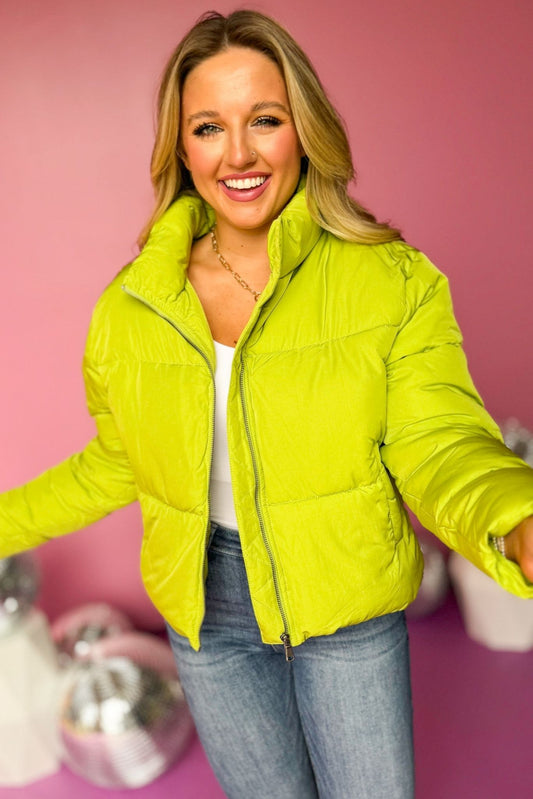  Lime Green Adjustable Drawcord Back Puffer Jacket, must have jacket, must have design, fall fashion, fall jacket, elevated style, fall style, elevated jacket, mom style, shop style your senses by mallory fitzsimmons