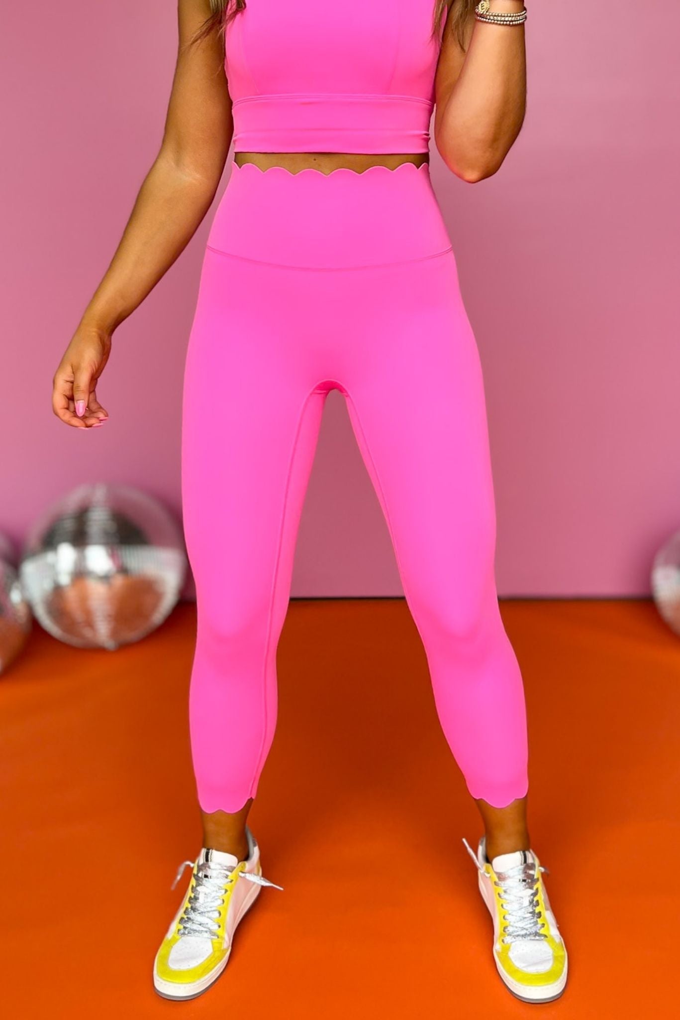 SSYS Neon Pink 3/4 Length Scallop Seamless Leggings Version 2, Ssys athlesiure, Spring athleisure, athleisure, elevated athleisure, signature leggings, must have leggings , athletic leggings, athletic style, mom style, shop style your senses by mallory fitzsimmons, ssys by mallory fitzsimmons