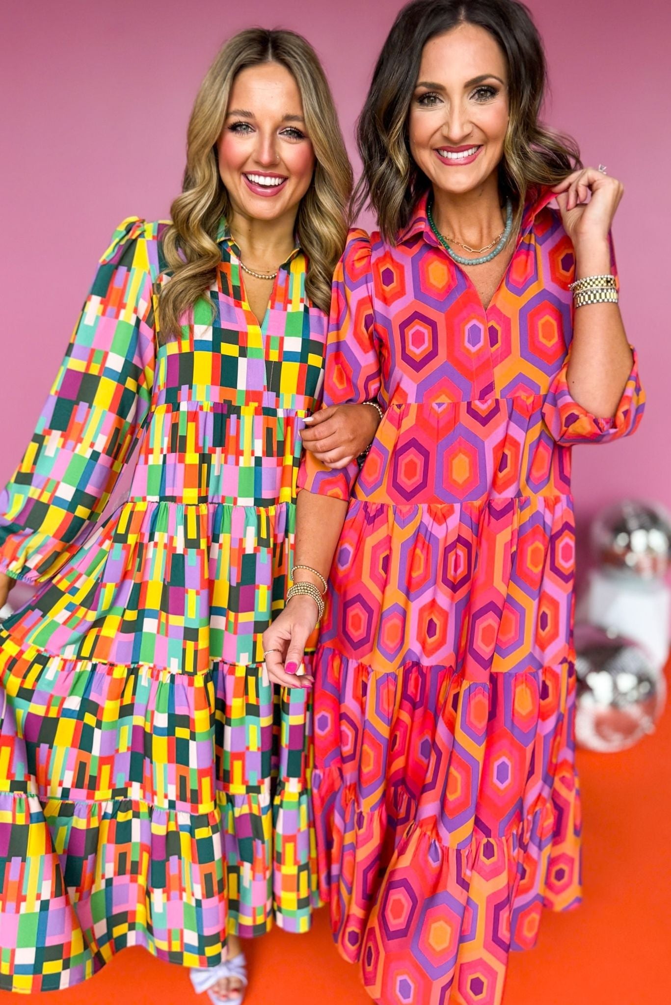 SSYS The Emery Midi Dress In Pink Orange Hexagon Print, ssys the label, must have dress, printed dress, church dress, elevated dress, midi dress, mom style, spring style, elevated style, shop style your senses by mallory fitzsimmons