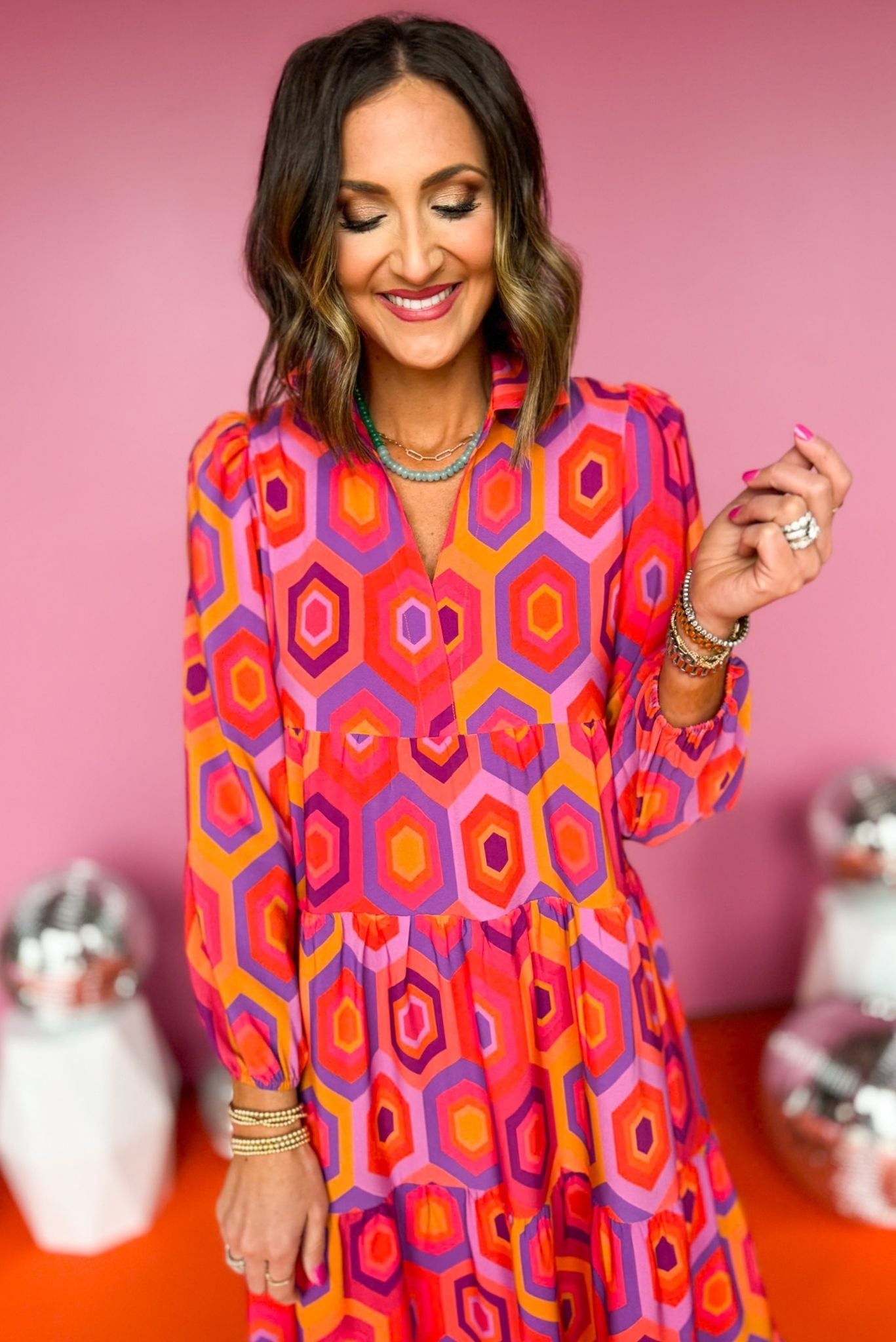 SSYS The Emery Midi Dress In Pink Orange Hexagon Print, ssys the label, must have dress, printed dress, church dress, elevated dress, midi dress, mom style, spring style, elevated style, shop style your senses by mallory fitzsimmons