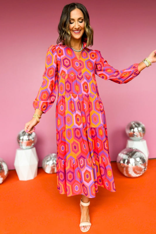 SSYS The Emery Midi Dress In Pink Orange Hexagon Print, ssys the label, must have dress, printed dress, church dress, elevated dress, midi dress, mom style, spring style, elevated style, shop style your senses by mallory fitzsimmons