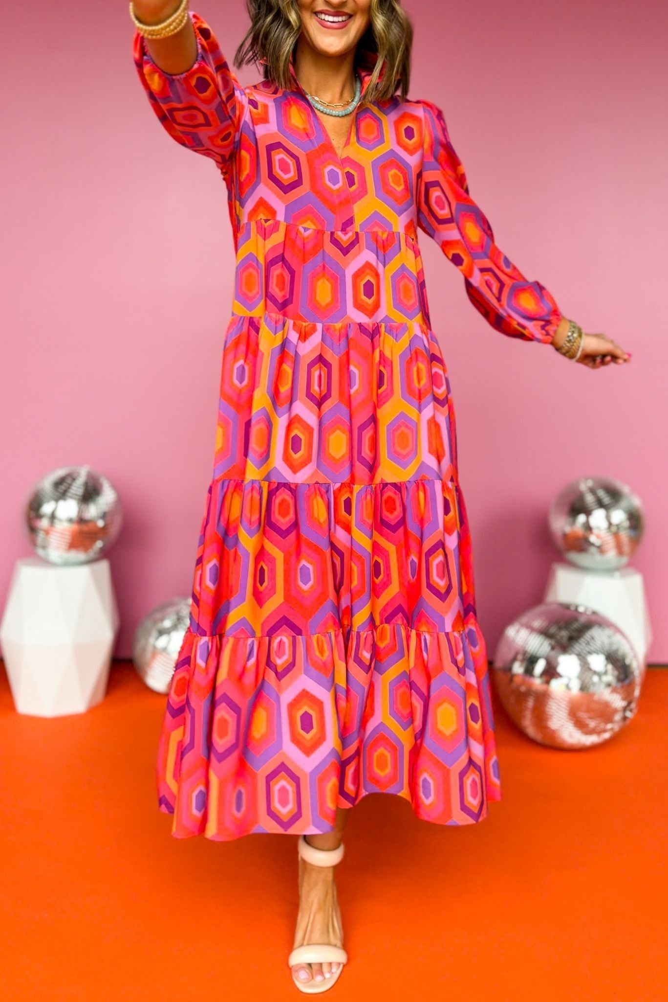 SSYS The Emery Midi Dress In Pink Orange Hexagon Print, ssys the label, must have dress, printed dress, church dress, elevated dress, midi dress, mom style, spring style, elevated style, shop style your senses by mallory fitzsimmons