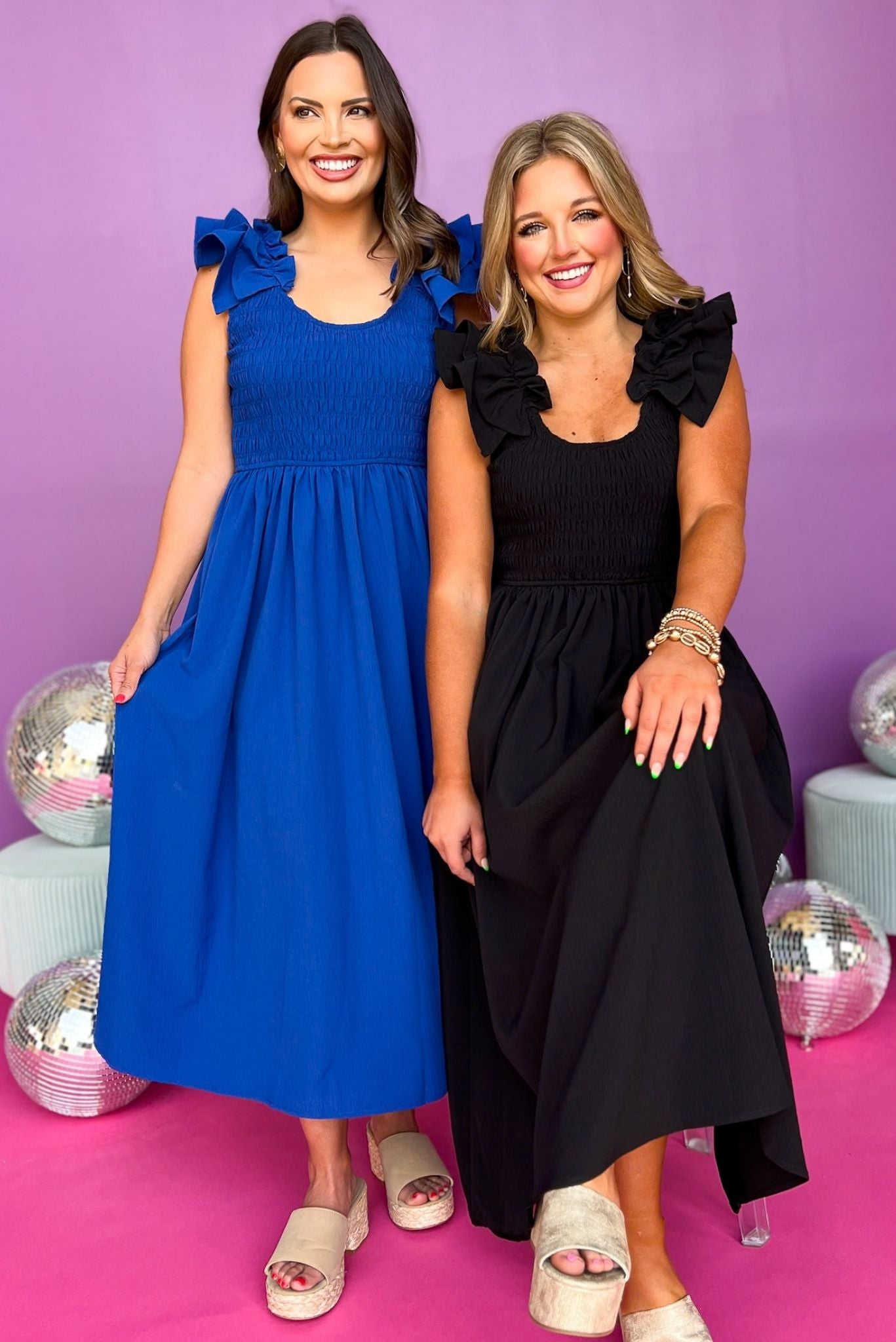 Royal Blue Smocked Ruffle Shoulder Midi Dress, ruffle shoulder detail, must have dress, must have style, weekend style, spring fashion, elevated style, elevated style, mom style, shop style your senses by mallory fitzsimmons, ssys by mallory fitzsimmons