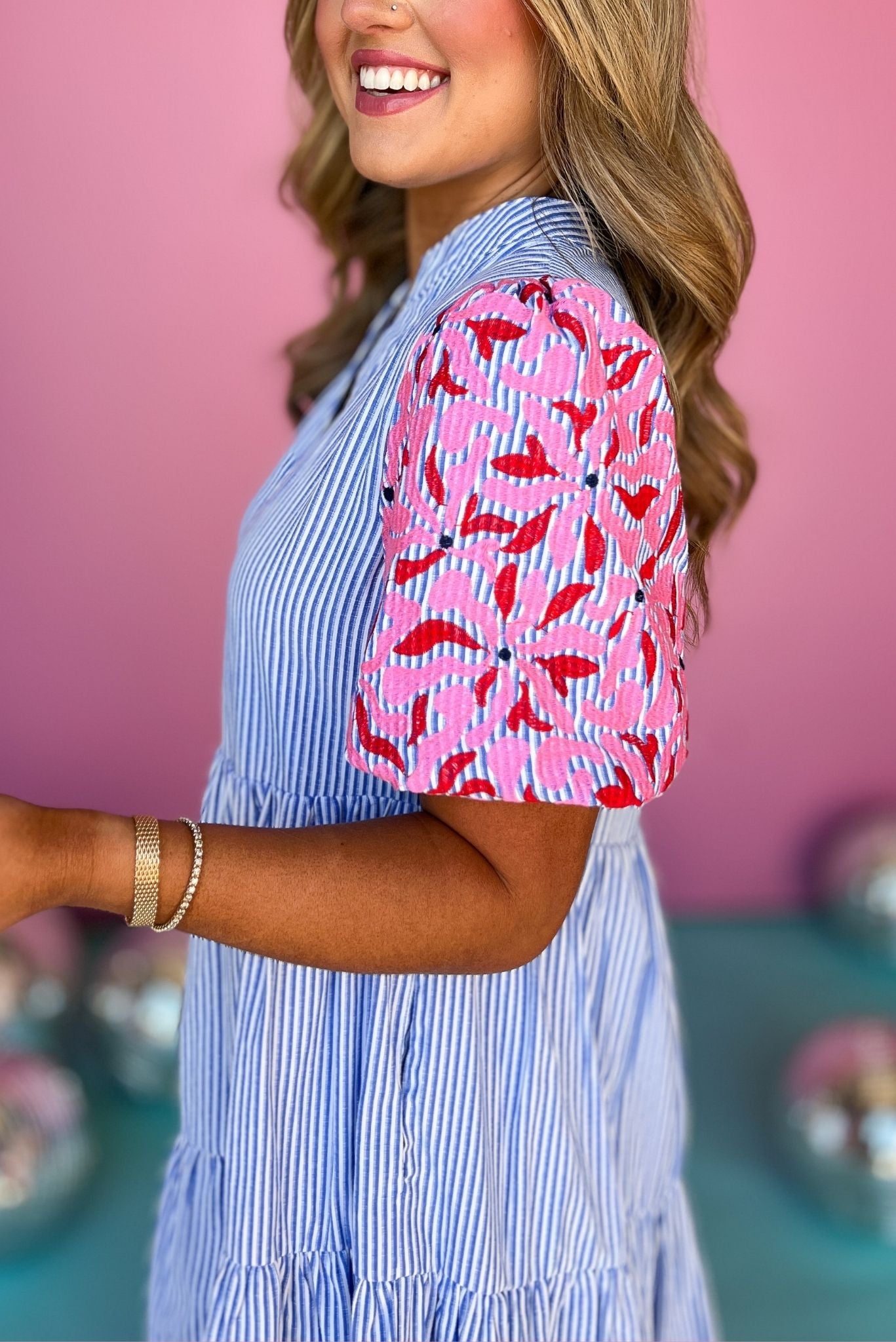 Blue V Neck Embroidered Puff Sleeve Tiered Dress, striped dress, embroidered dress, must have dress, must have style, weekend style, brunch style, spring fashion, elevated style, elevated style, mom style, shop style your senses by mallory fitzsimmons, ssys by mallory fitzsimmons