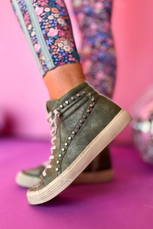  Shu Shop Olive Green Studded Detail High Top Sneakers, must have shoes, must have sneakers, elevated sneakers, athletic style, mom style, shop style your senses by mallory fitzsimmons