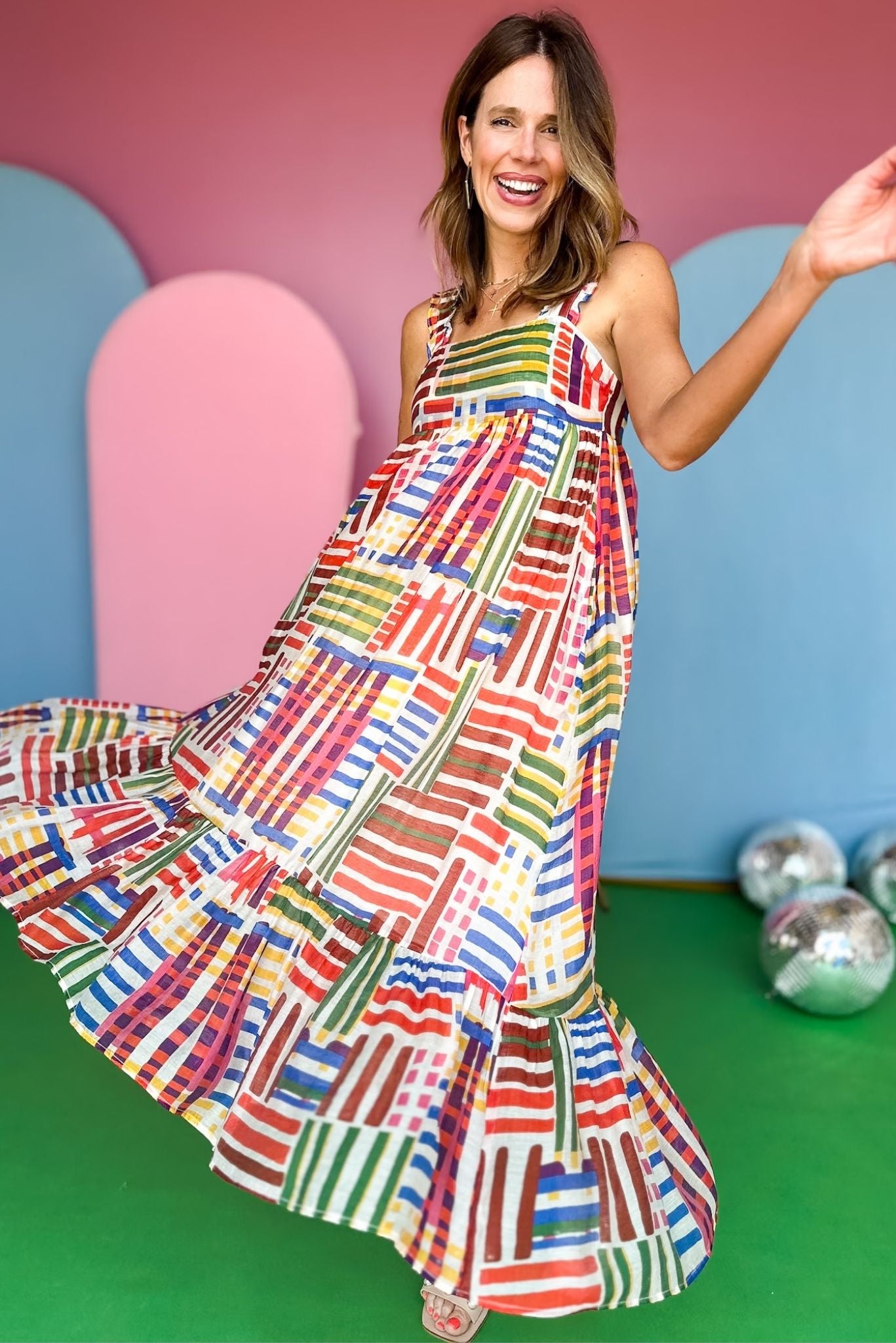 THML Cream Multi Print Frill Detail Strap Tie Back Tiered Dress, thml dress, abstract dress, must have dress, must have style, weekend style, brunch style, spring fashion, elevated style, elevated style, mom style, shop style your senses by mallory fitzsimmons, ssys by mallory fitzsimmons  Edit alt text