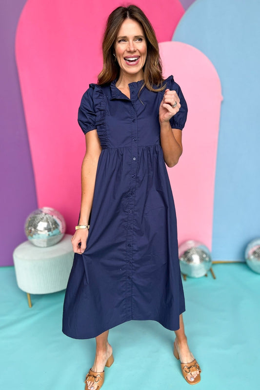 Navy Poplin Button Up Ruffle Puff Sleeve Dress, poplin dress, midi dress, must have dress, must have style, weekend style, spring fashion, elevated style, elevated dress, mom style, shop style your senses by mallory fitzsimmons, ssys by mallory fitzsimmons