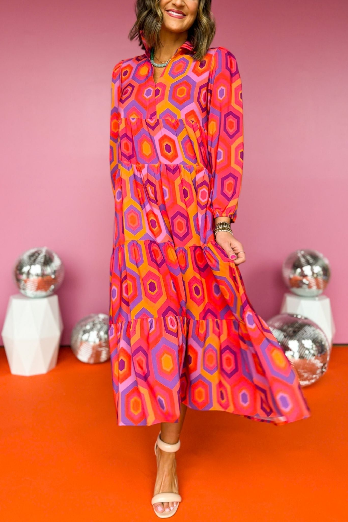 SSYS The Emery Midi Dress In Pink Orange Hexagon Print, ssys the label, must have dress, printed dress, church dress, elevated dress, midi dress, mom style, spring style, elevated style, shop style your senses by mallory fitzsimmons