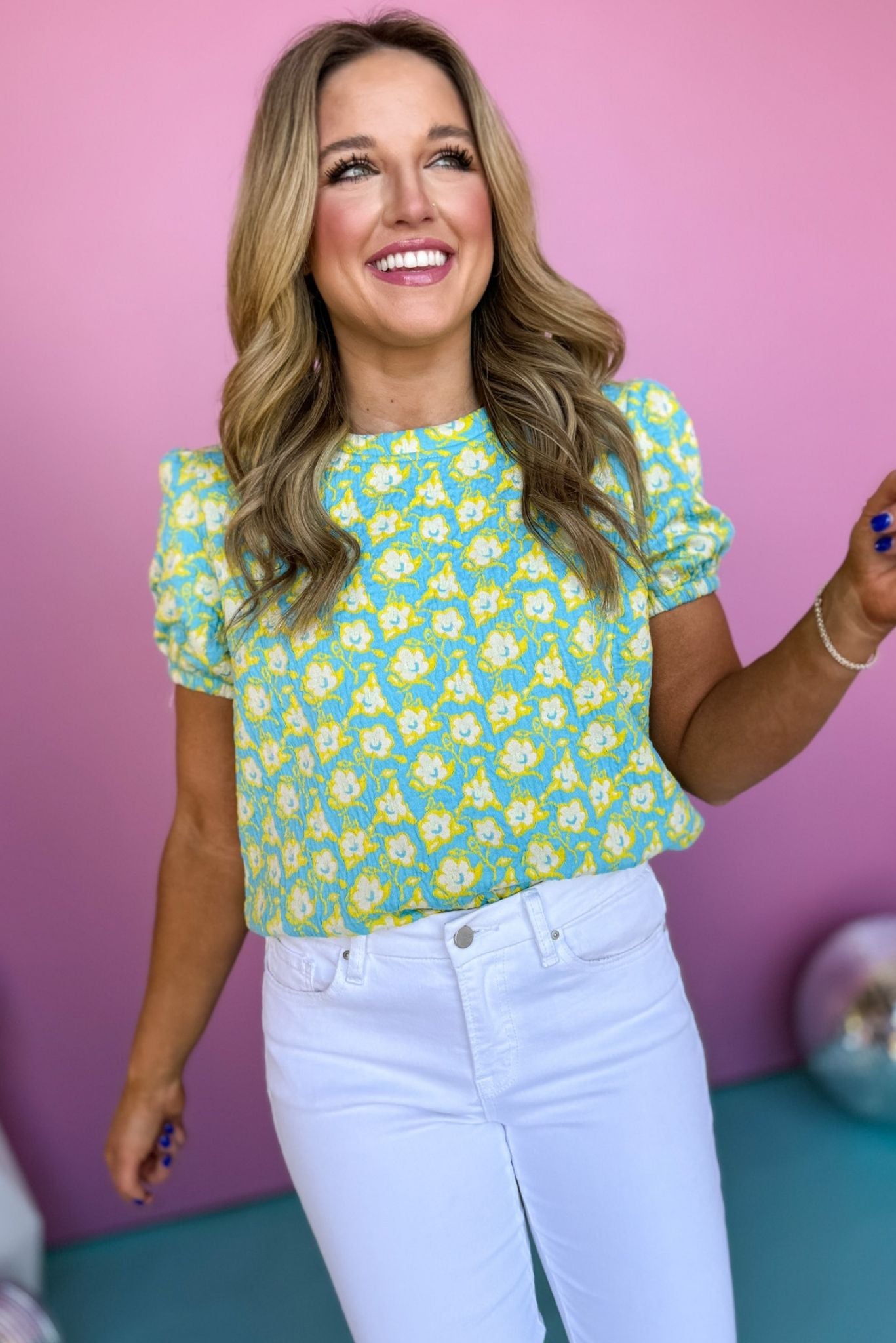Blue Floral Printed Textured Puff Short Sleeve Top, textured top, floral top, must have top, must have style, date night style, summer style, spring fashion, elevated style, elevated top, mom style, shop style your senses by mallory fitzsimmons, ssys by mallory fitzsimmons