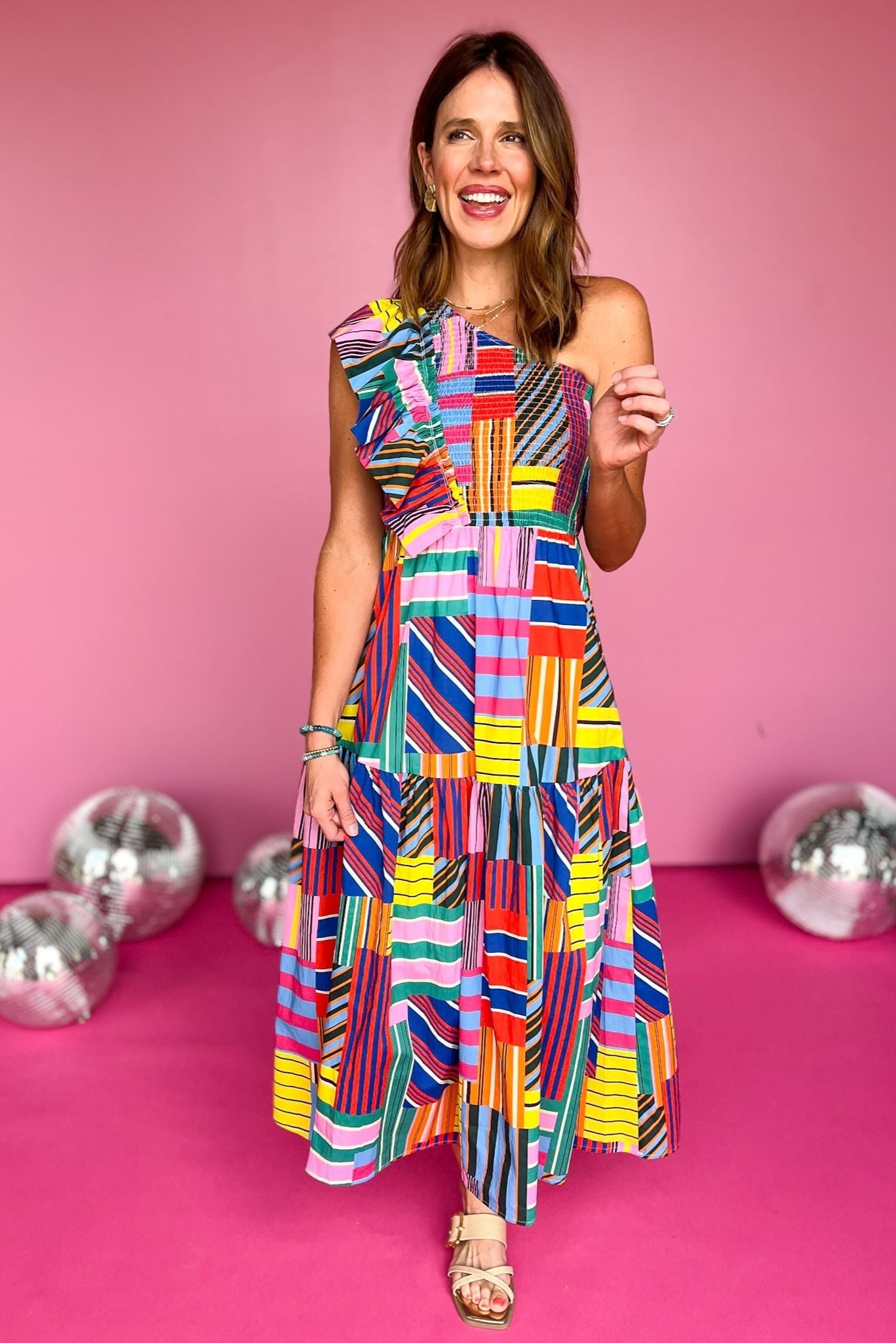 Red Multi Abstract Print One Shoulder Ruffle Detail Midi Dress, must have dress, must have style, weekend style, brunch style, spring fashion, elevated style, elevated style, mom style, shop style your senses by mallory fitzsimmons, ssys by mallory fitzsimmons