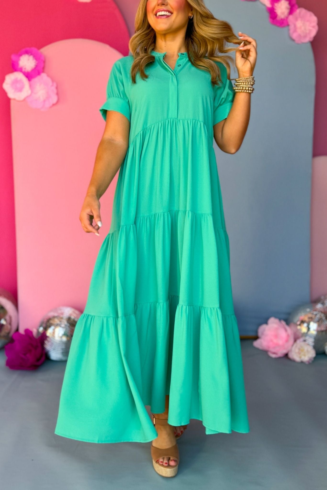 Emerald Button Front Tiered Short Sleeve Maxi Dress, maxi dress, must have dress, must have style, church style, spring fashion, elevated style, elevated dress, mom style, work dress, shop style your senses by mallory fitzsimmons