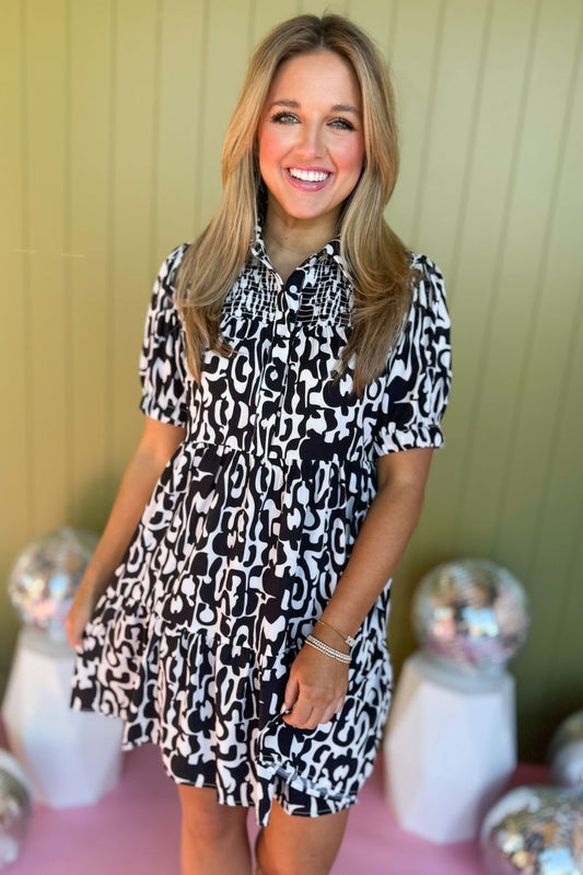 Black Print Collared Smocked Yoke Wide Ruffled Hemline Dress, spring dress, smocking, ruffle hemline, puff sleeve, spring look, ssys, shop ssys, shop ssys by mallory fitzsimmons