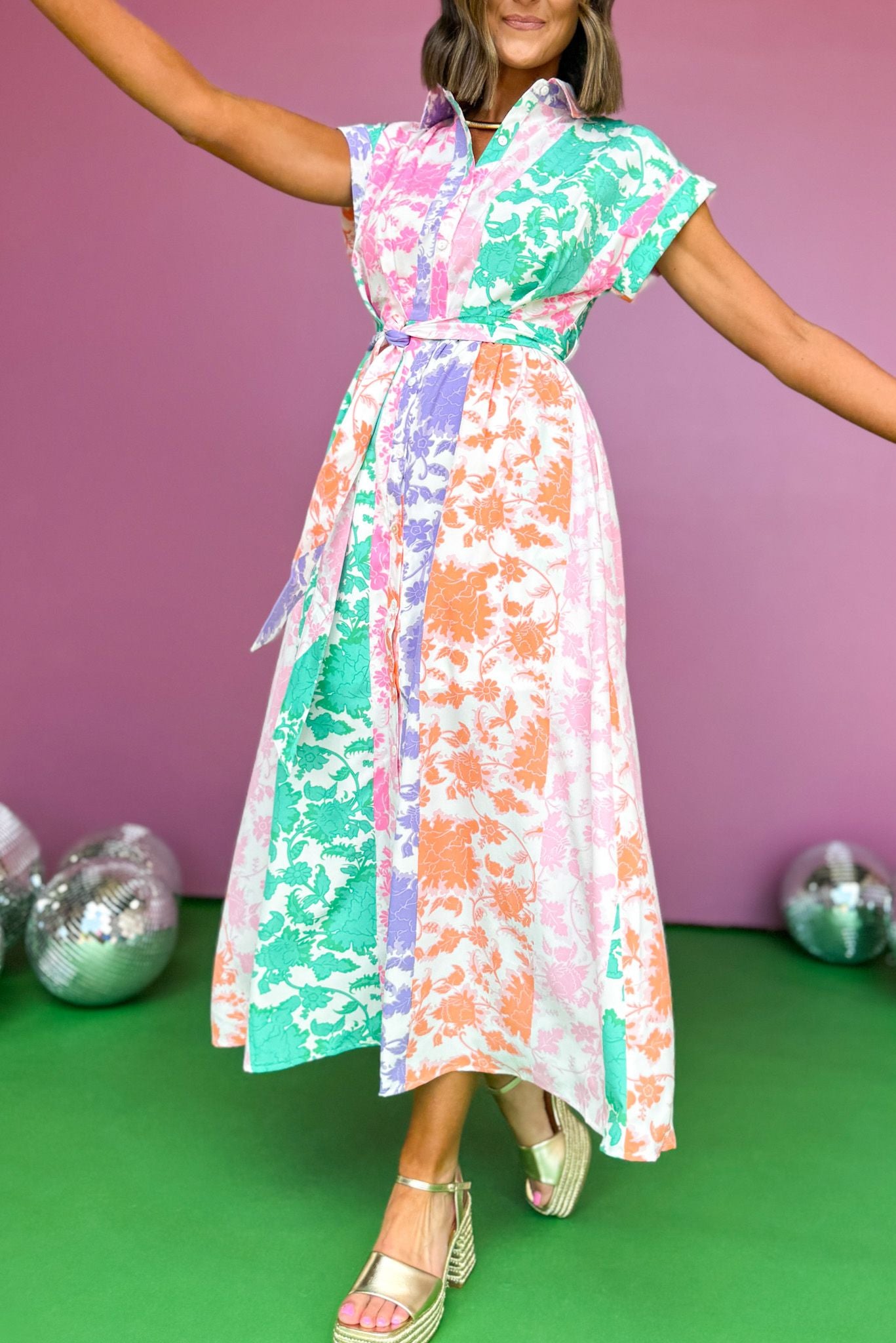 Purple Multi Print Collared Button Down Tie Waist Front Slit Dress, mixed print dress, tie detail dress, must have dress, must have style, weekend style, brunch style, spring fashion, elevated style, elevated style, mom style, shop style your senses by mallory fitzsimmons, ssys by mallory fitzsimmons