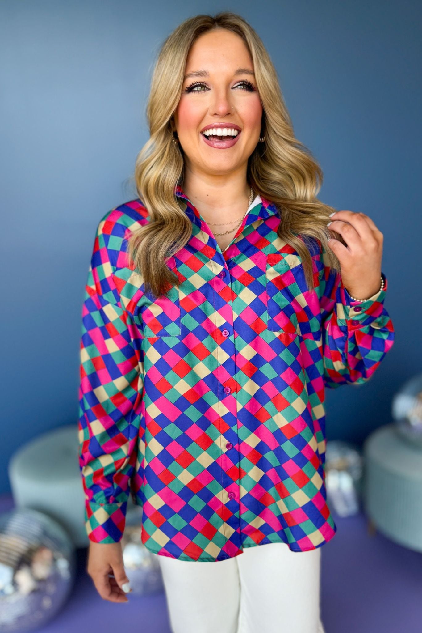 Magenta Diamond Printed Button Front Top, must have top, must have style, office style, spring fashion, elevated style, elevated top, mom style, work top, shop style your senses by mallory fitzsimmons