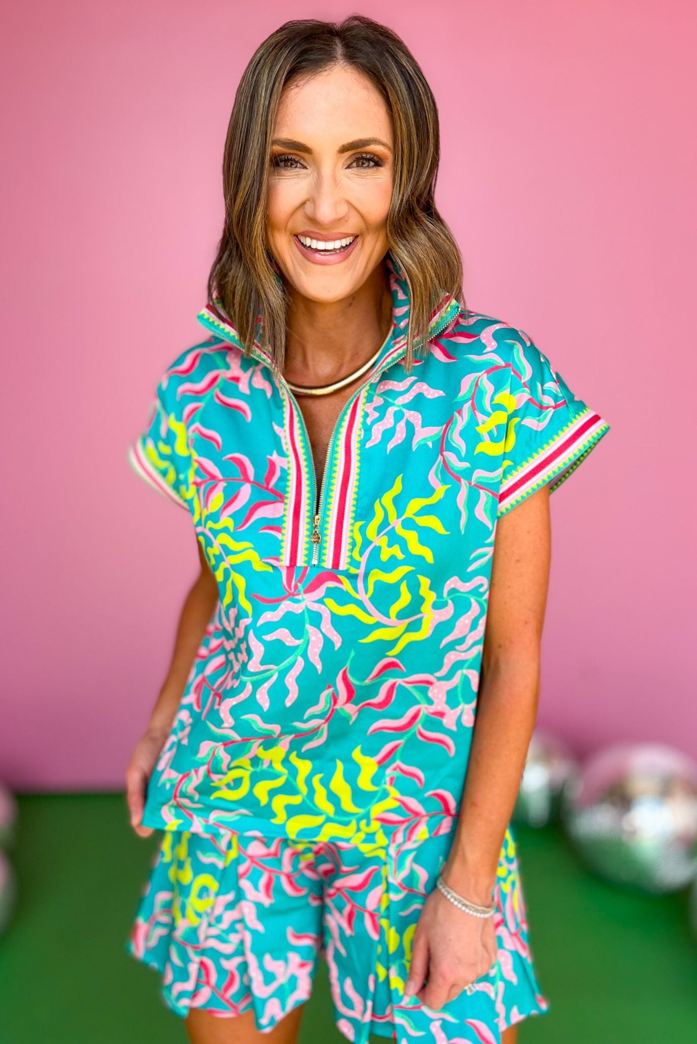 Emily McCarthy Teal Multi Print 3/4 Zip Collar Contrast Trim Top