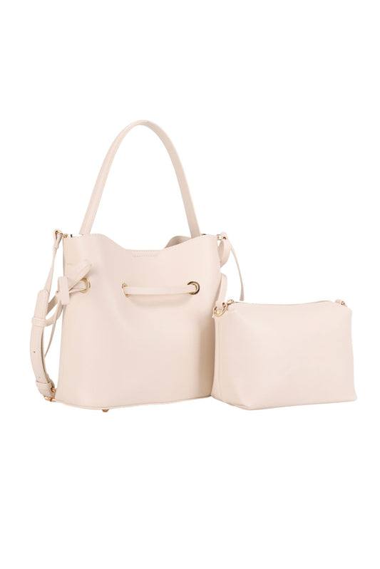 Beige Top Handle Cinch Bag with Pouch